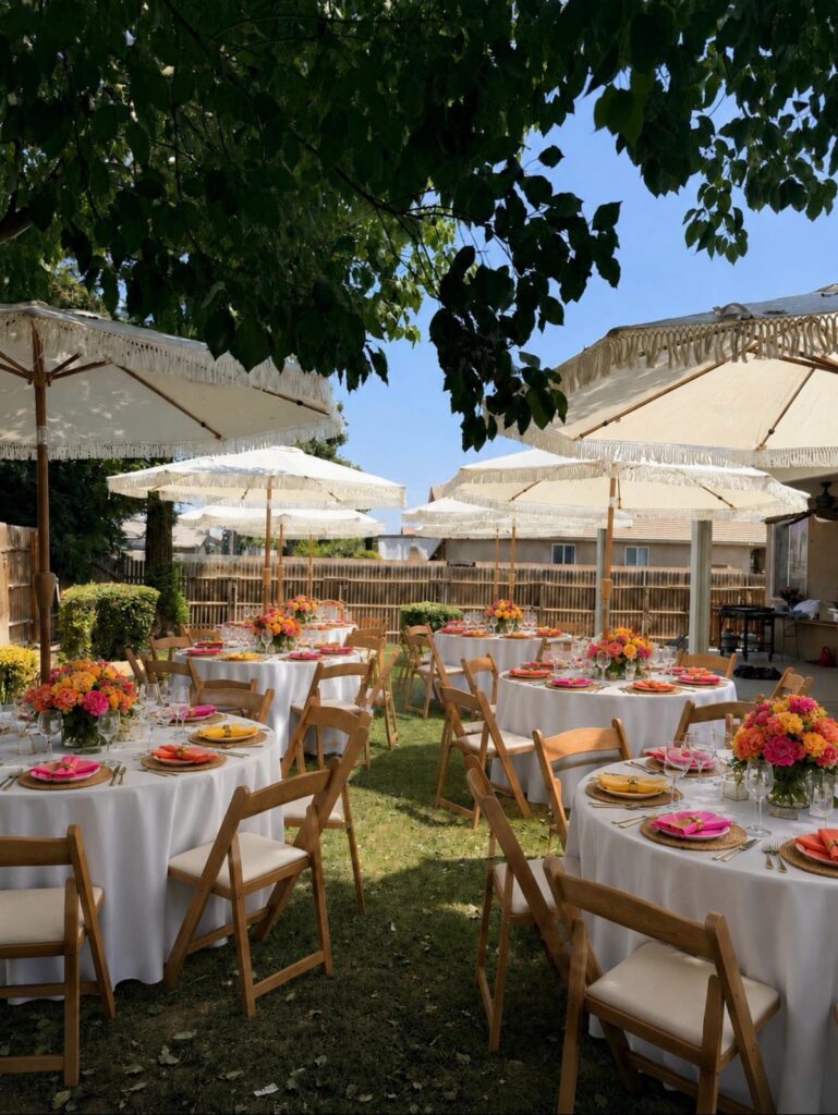 Round tables with white linens and orange flowers under white umbrellas in a backyard.