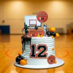 Basketball theme cake with number 12 and player toppers on a court.