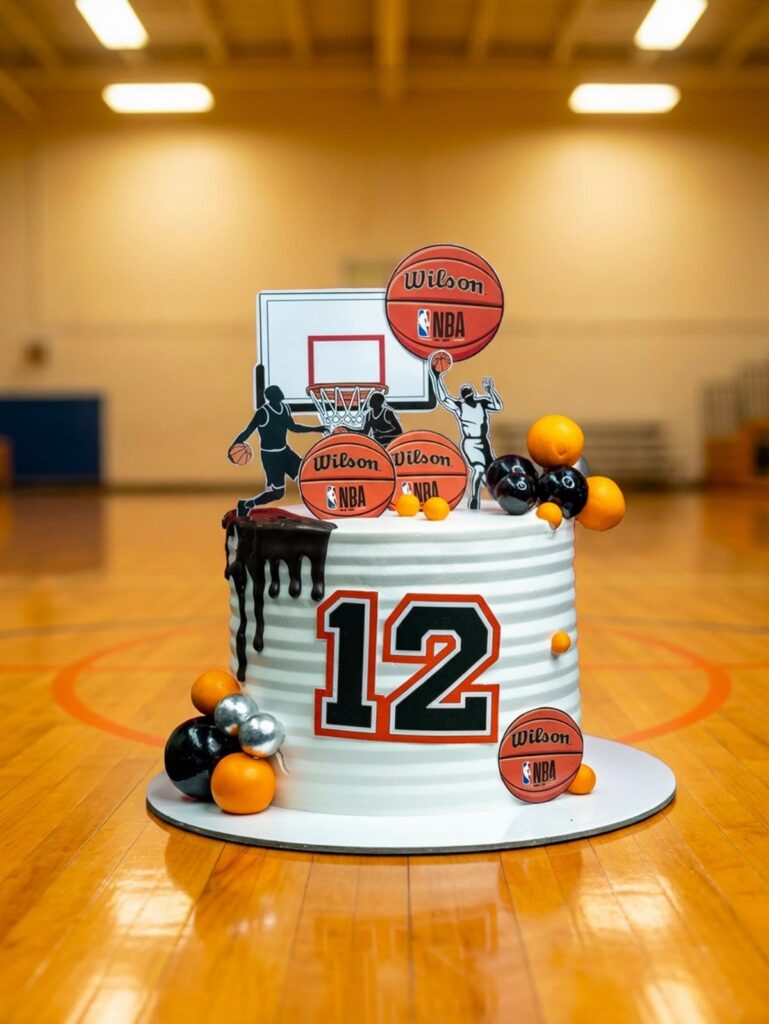 Basketball theme cake with number 12 and player toppers on a court.