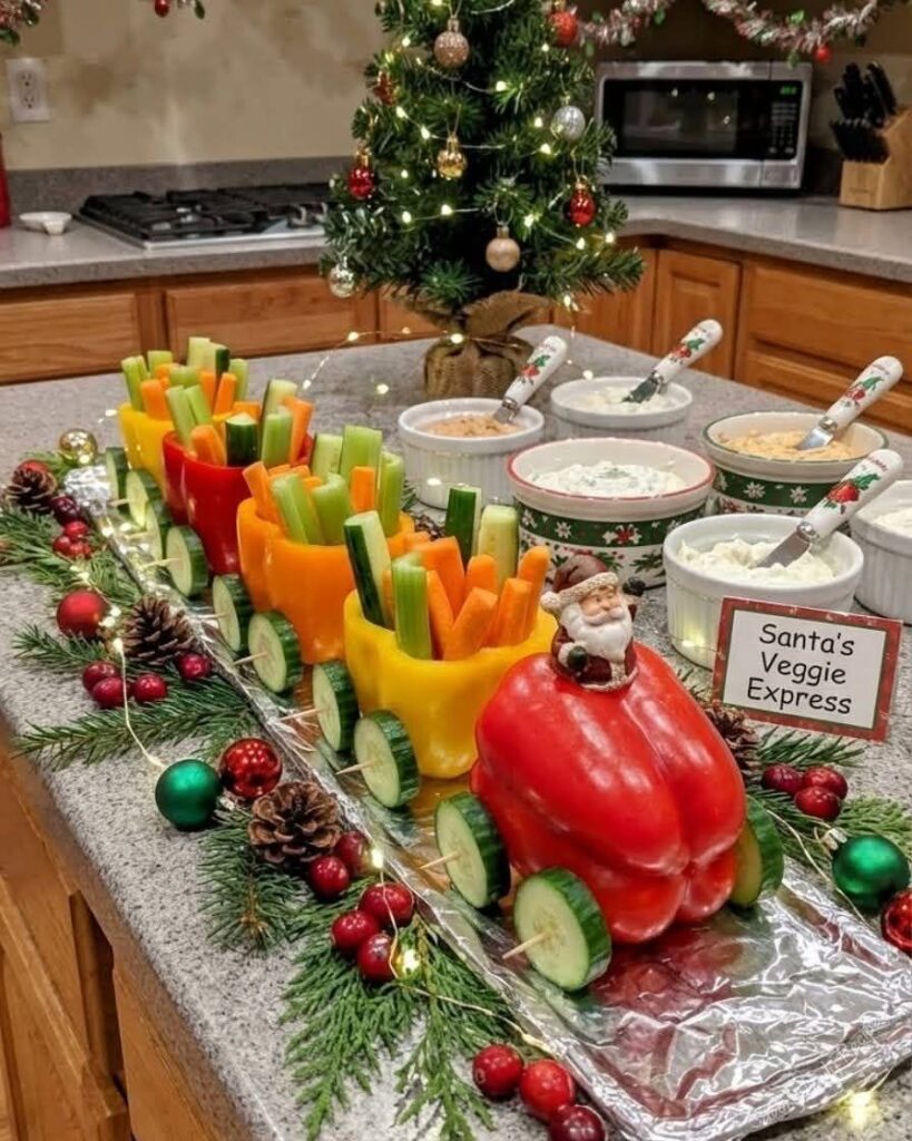 Christmas veggie tray arranged as a train with bell pepper cars and dip bowls.