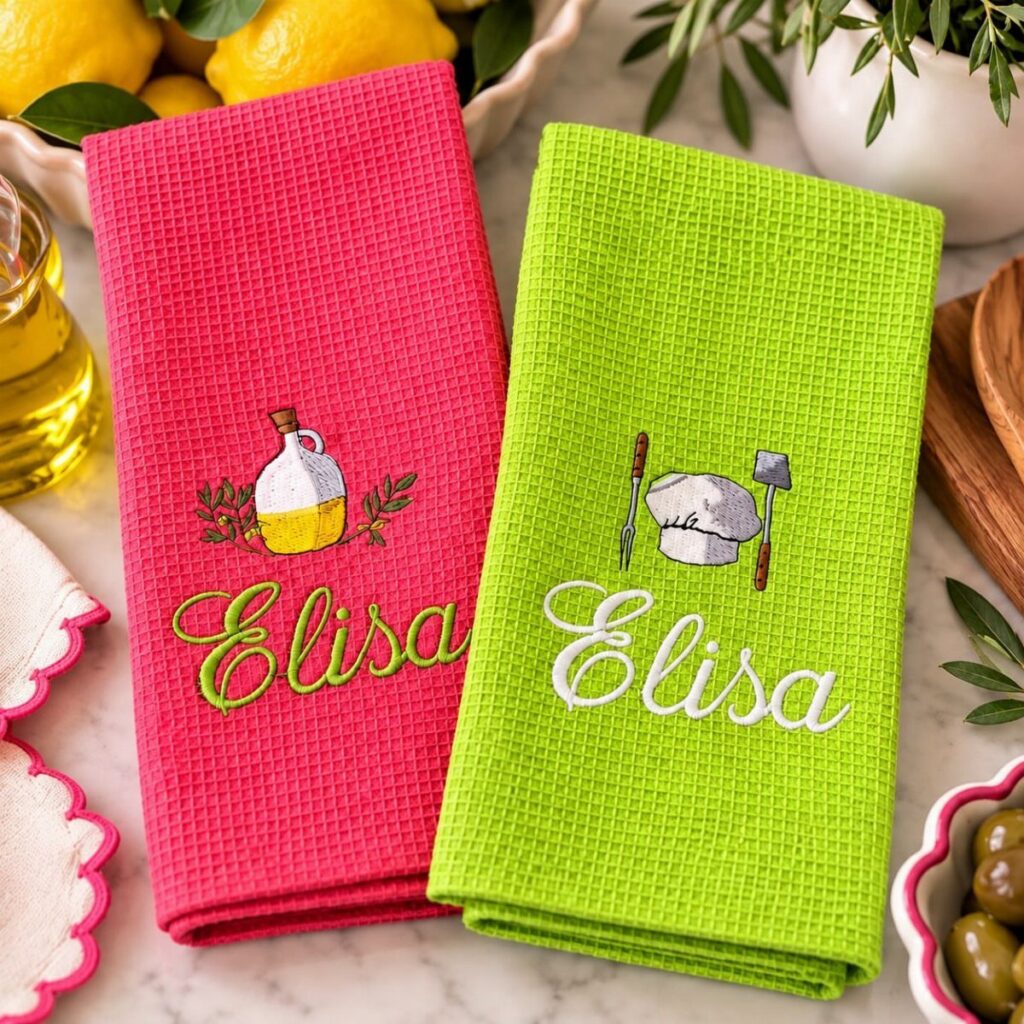 Pink and lime green embroidered kitchen towels with the name Elisa on marble.