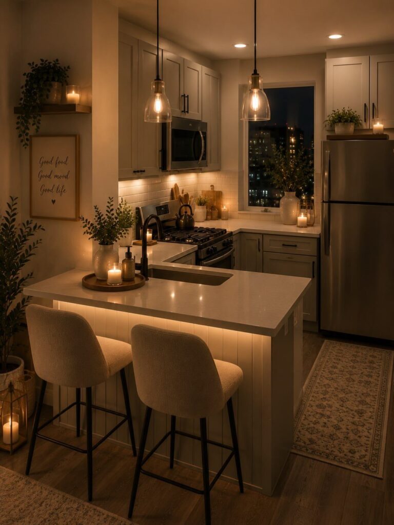 Warmly lit kitchen with white island, beige bar stools, and cozy ambient lighting.