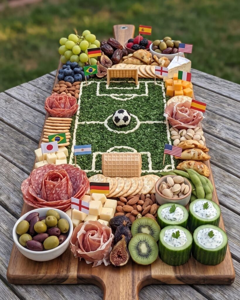 Football pitch themed charcuterie board with meats, cheeses, fruits, and international flags.