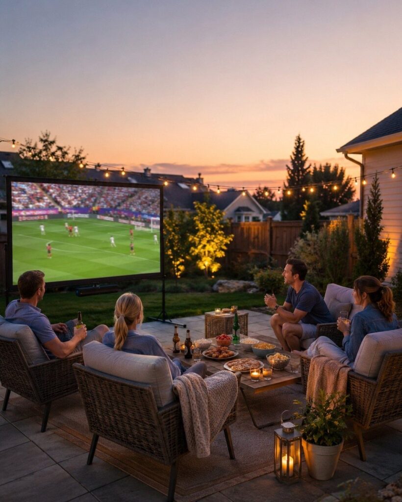 People watching a football game on a large projector screen in a backyard.