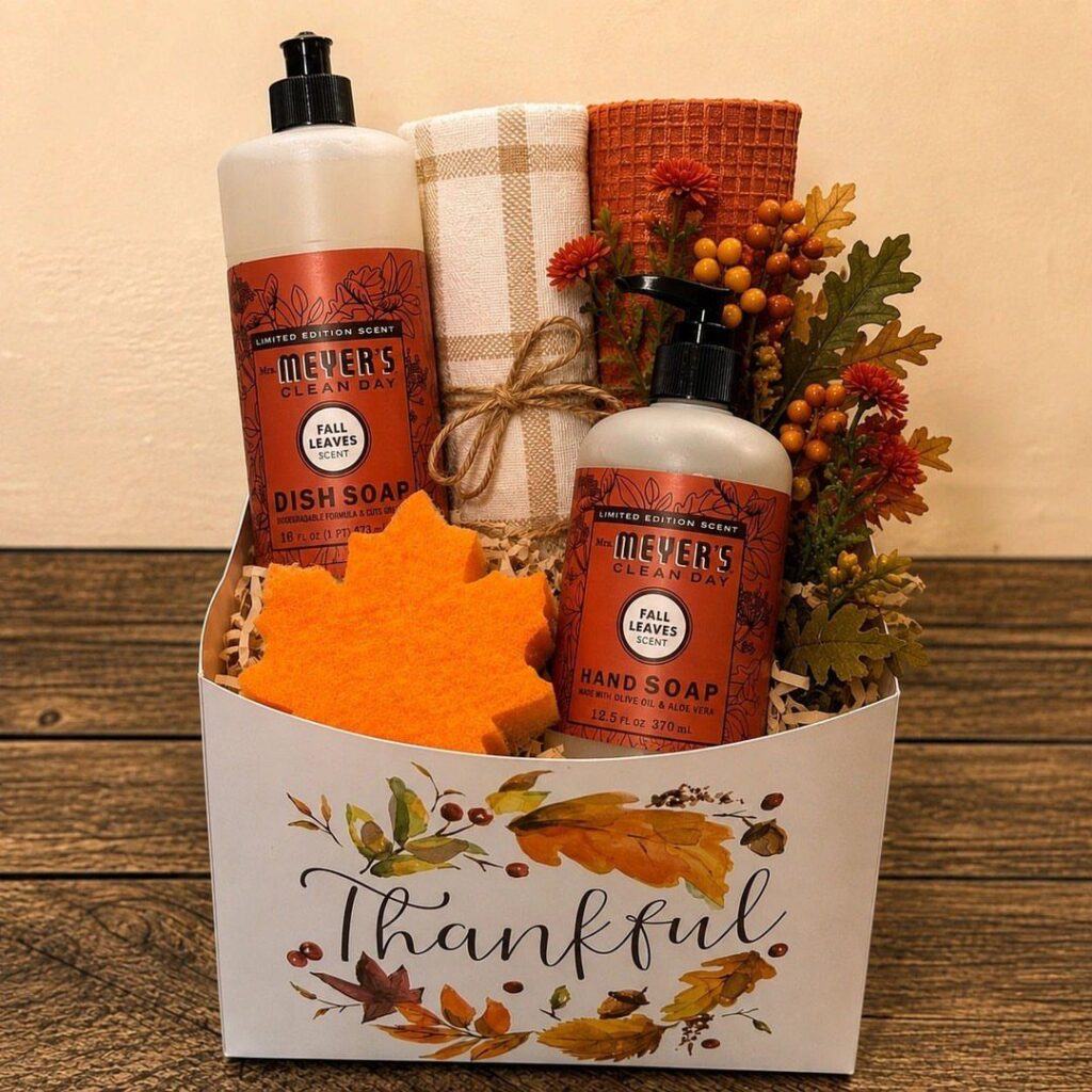 Autumn themed gift basket with soaps, sponges, and towels on a wooden table.