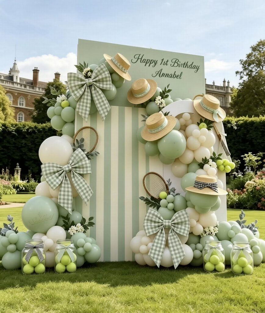 Garden party backdrop with sage balloons, straw hats, and gingham bows on grass.
