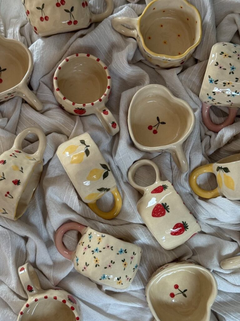 Handmade ceramic mugs with fruit patterns resting on a white fabric surface.