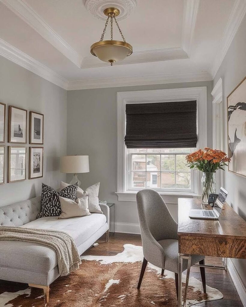 Light grey daybed and wooden desk in a bright guest room office setup.