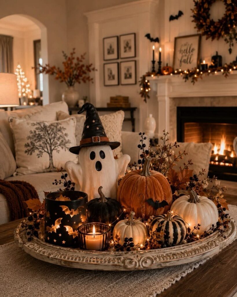 Halloween decorations featuring pumpkins and a ghost on a tray in a cozy living room