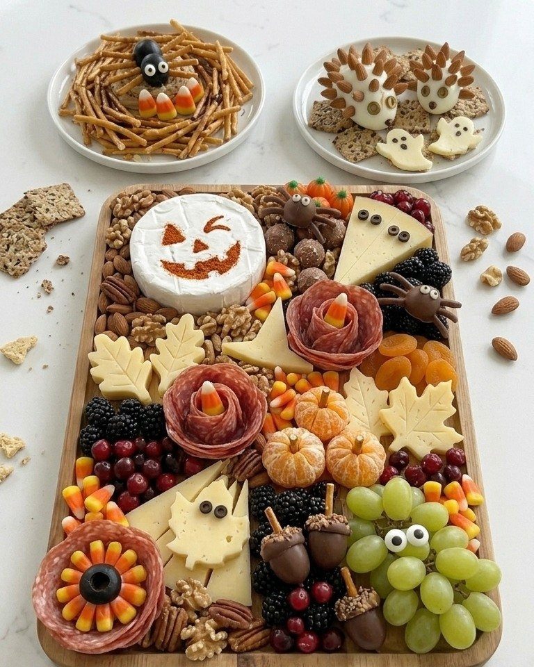 Halloween charcuterie board with pumpkin cheese, salami roses, and chocolate spiders.