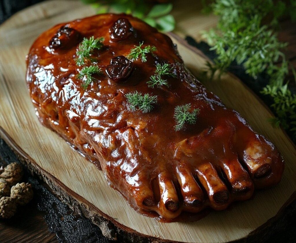 Foot shaped meatloaf with brown glaze and herbs on a wooden platter