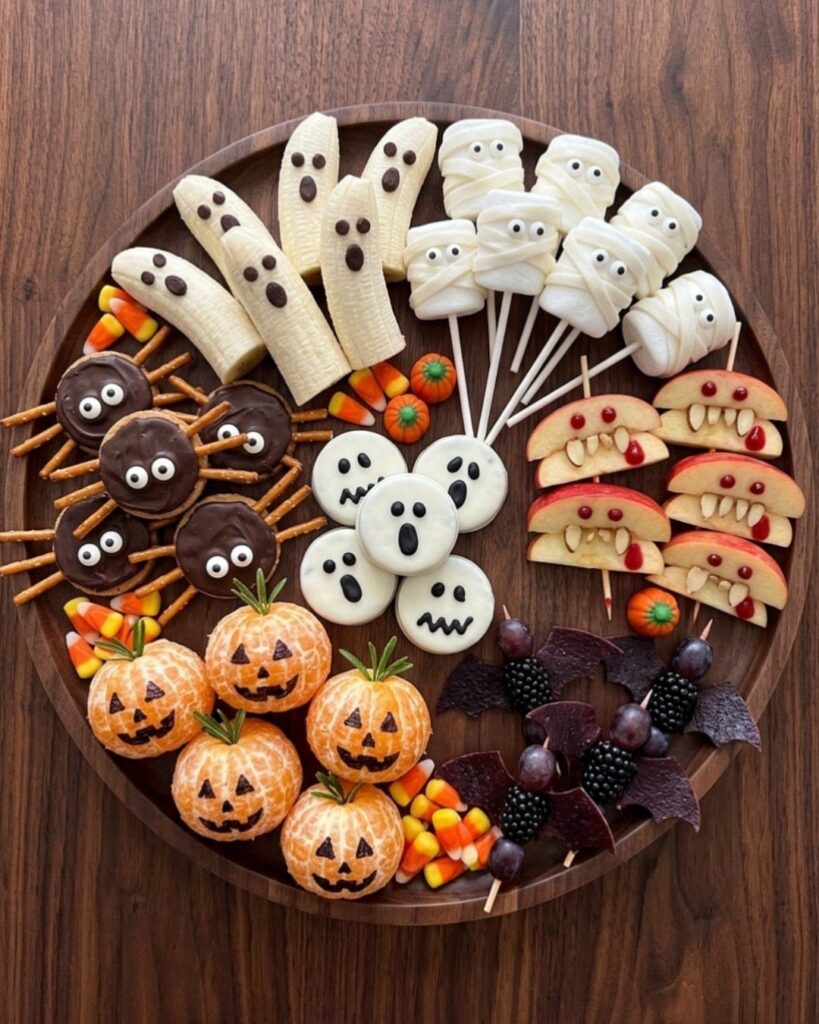 Halloween party platter with banana ghosts, pumpkin rolls, and chocolate spider cookies.