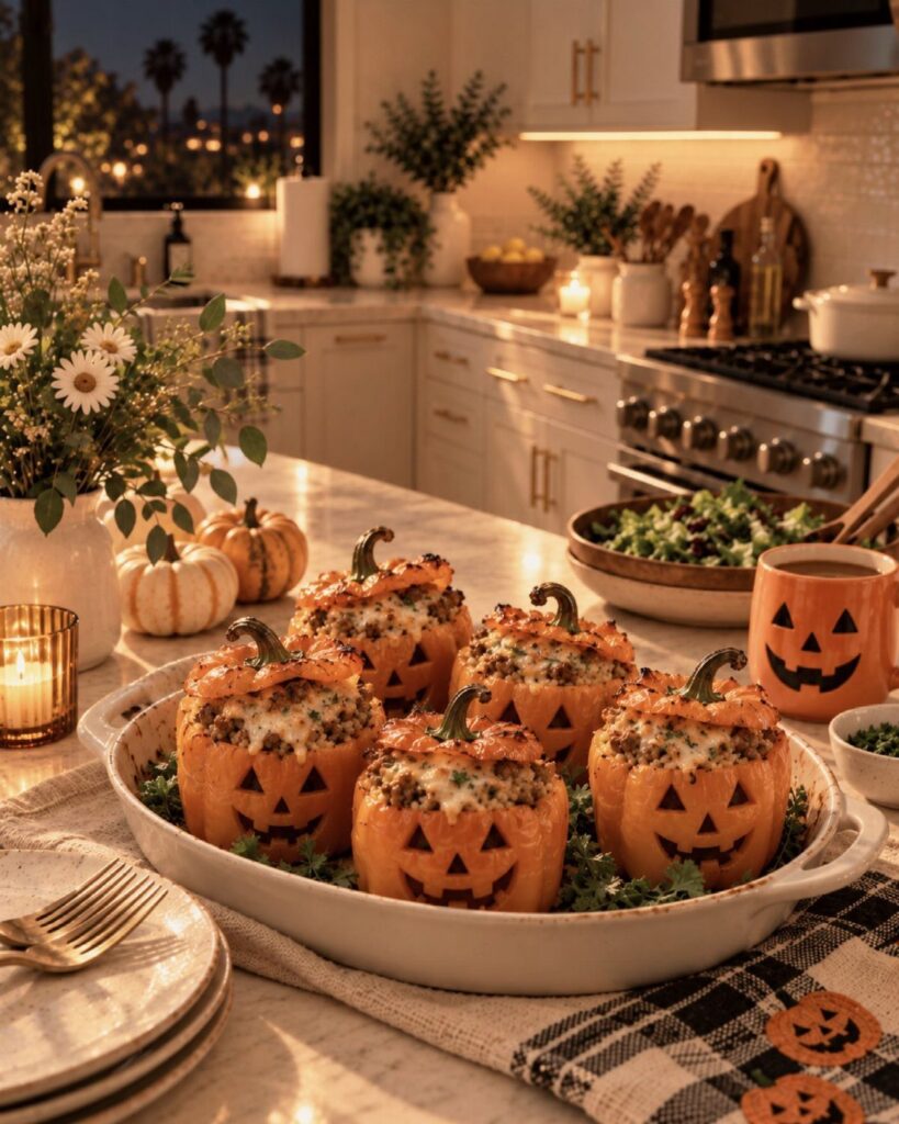 Carved jack-o'-lantern stuffed peppers in a baking dish on a decorated kitchen counter.