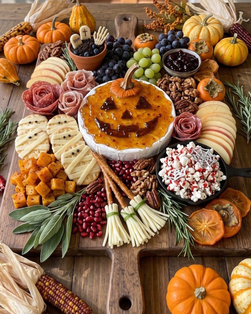 Halloween charcuterie board with a pumpkin cheese ball, cheese broomsticks, and autumn fruits.