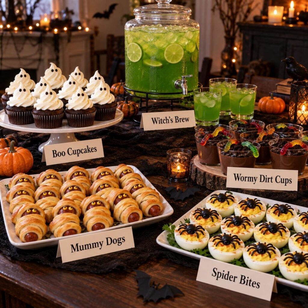 Halloween party snacks including ghost cupcakes, mummy dogs, and spider deviled eggs.