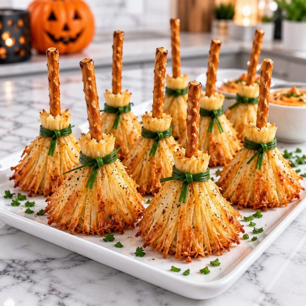Potato nest witch brooms with pretzel handles on a white platter with pumpkin.