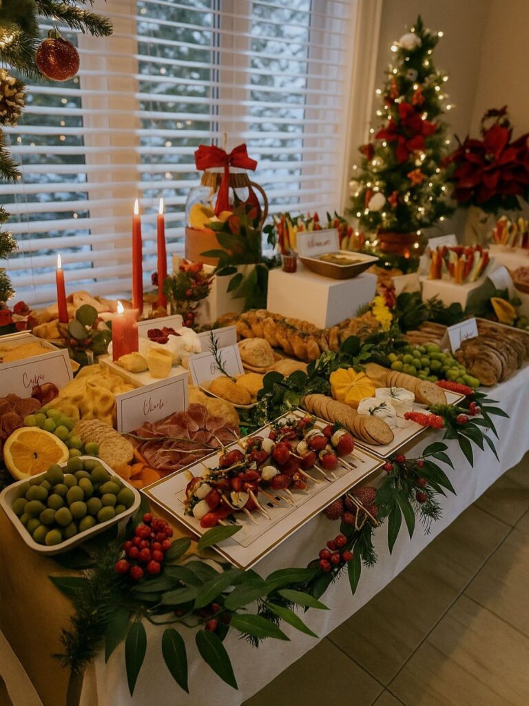 Holiday appetizer spread with cheeses, meats, and fruits near a decorated Christmas tree