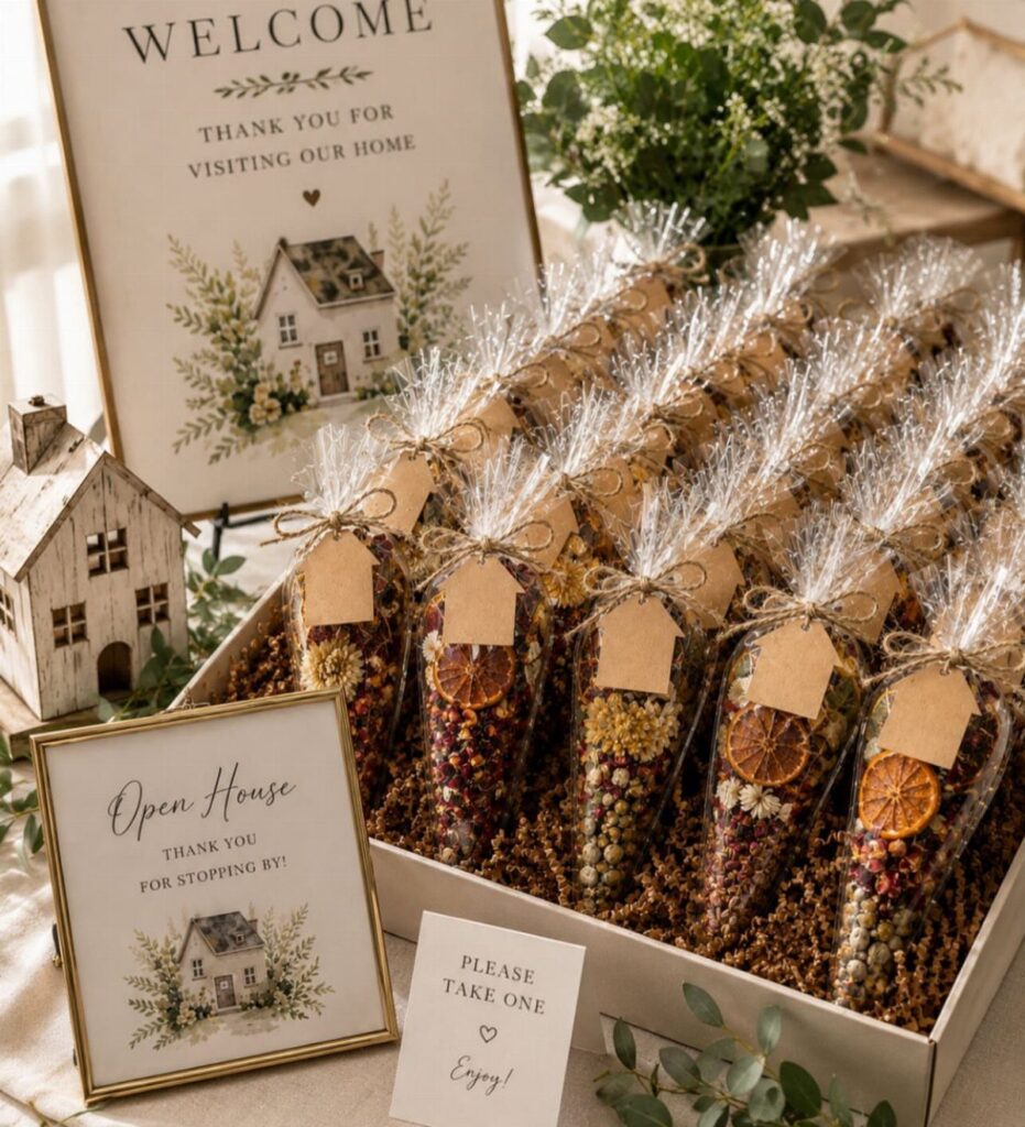 Dried botanical party favors in cone bags with welcome signs and model house.