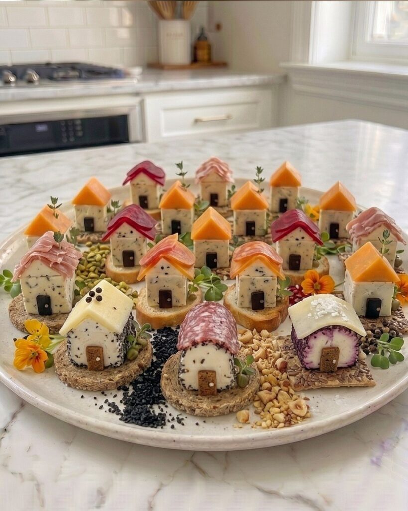 Cheese and crackers shaped like tiny houses arranged on a white platter.