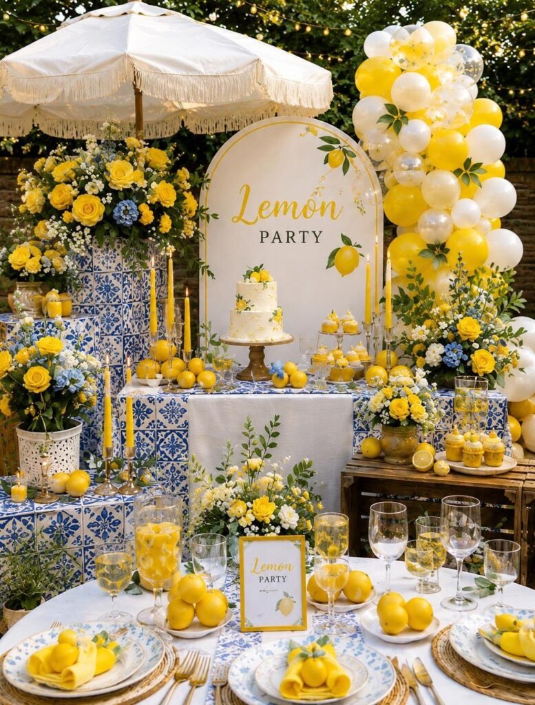 Lemon themed party setup with yellow balloons, flowers, and blue patterned table decor.