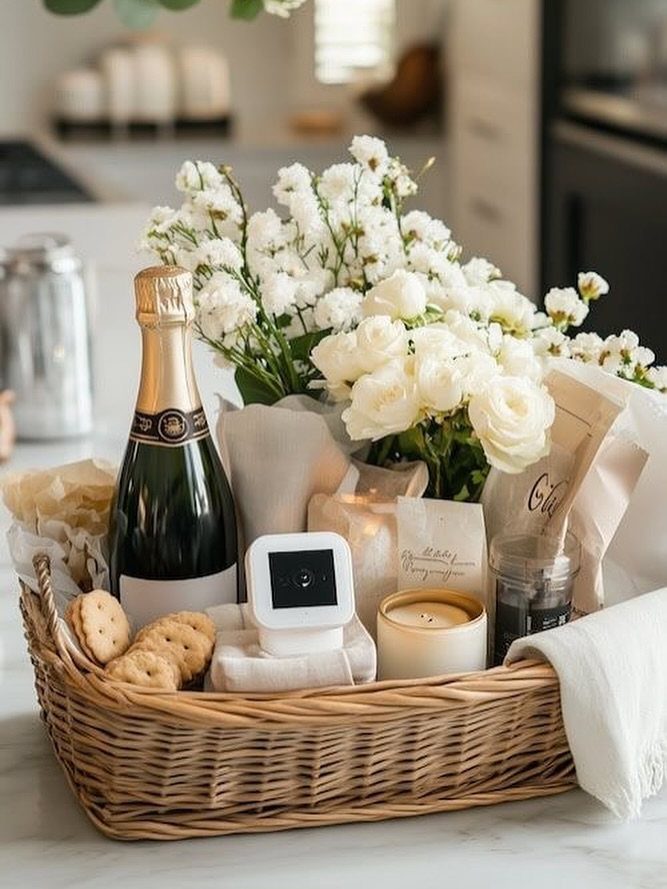 Wicker gift basket with champagne, white roses, a candle, and crackers on marble.