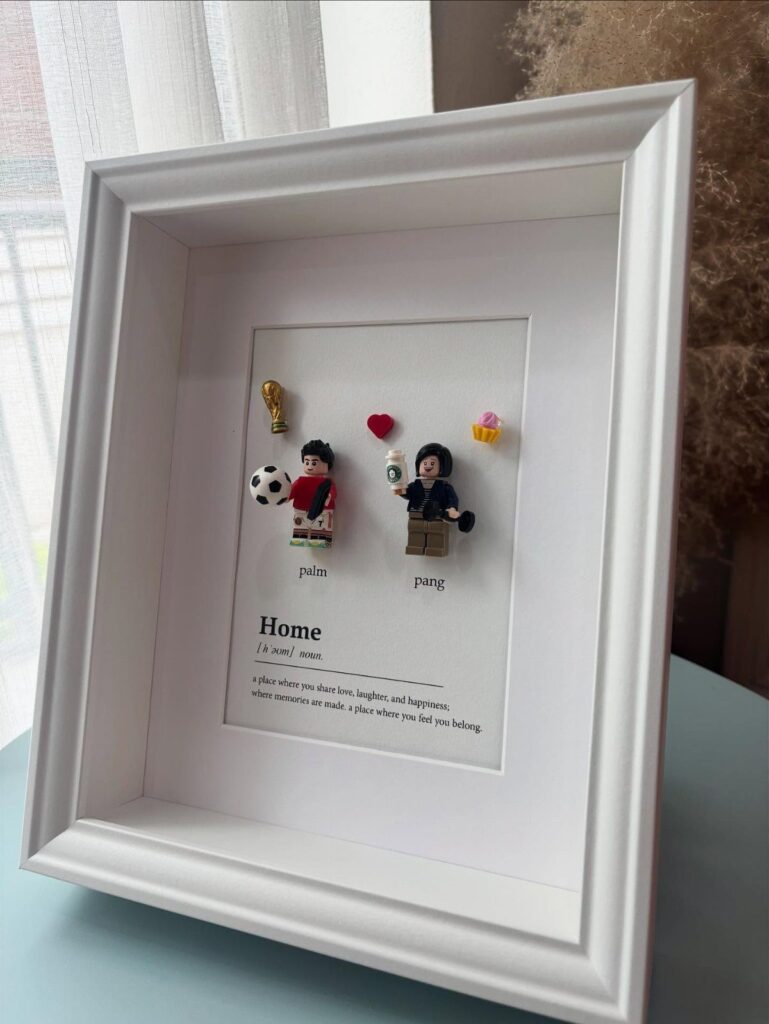Custom LEGO figures in a white shadow box frame with the word Home.
