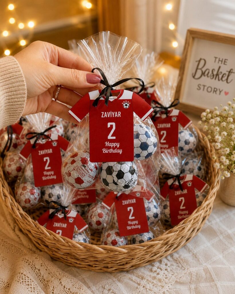 Soccer ball party favors in clear bags with red jersey tags in a basket