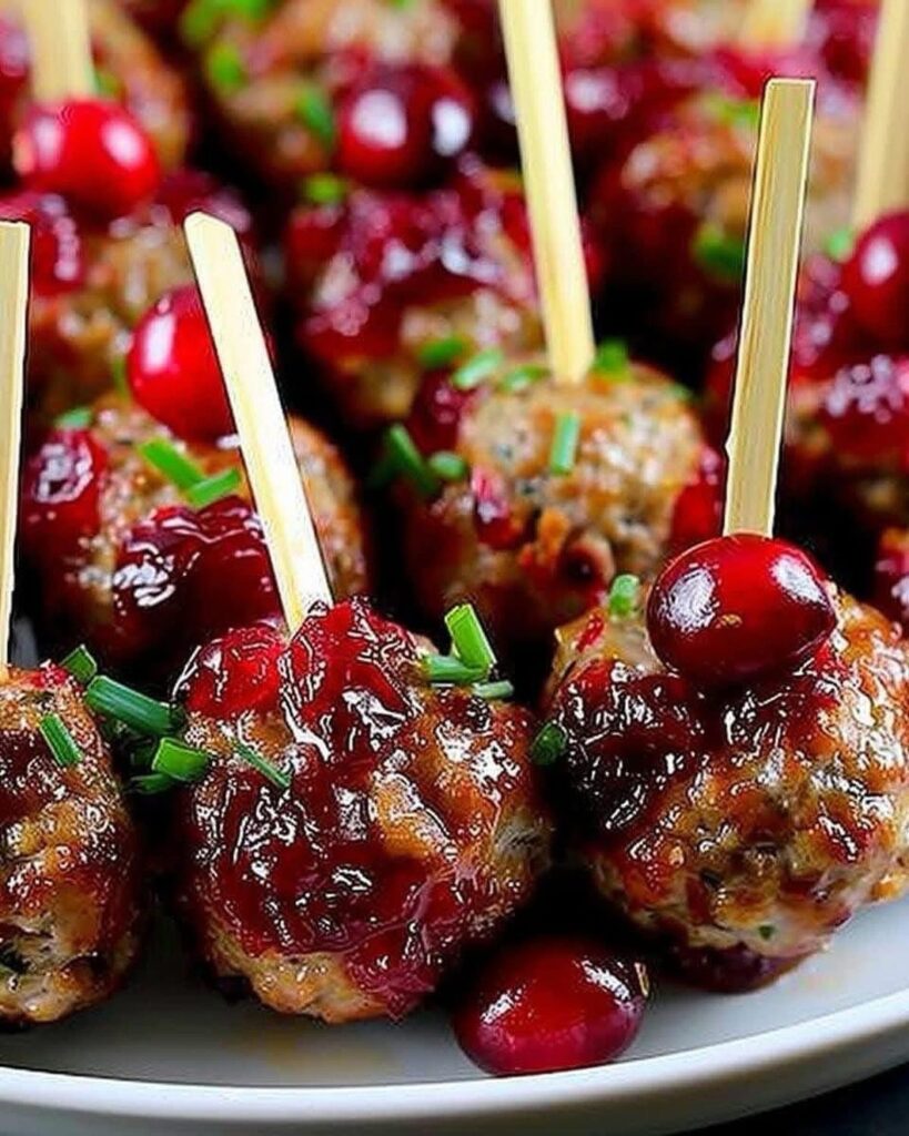 Glazed meatballs topped with fresh cranberries and chives on a white platter