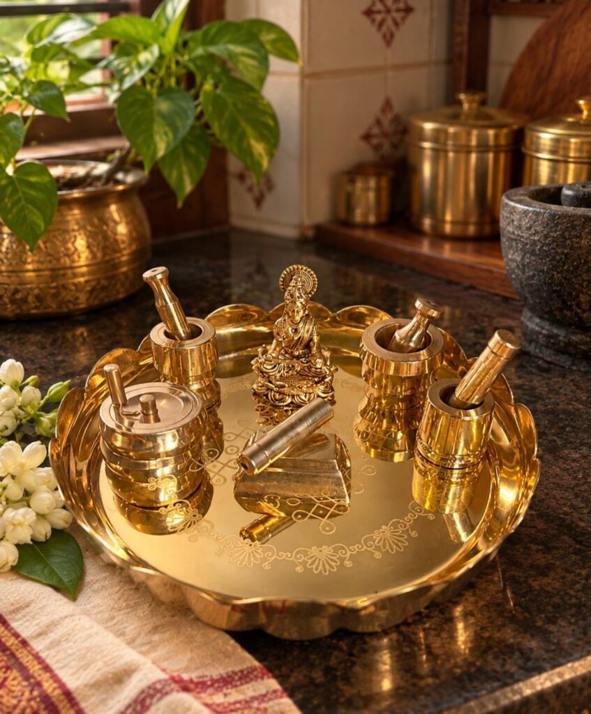 Brass puja thali set with Ganesha idol and containers on a dark countertop