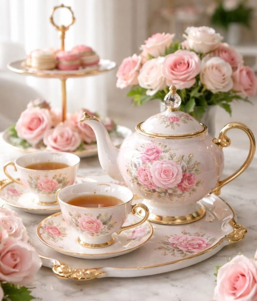 Floral porcelain tea set with pink roses and macarons on a marble table