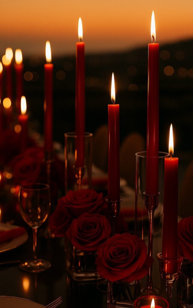 Red taper candles and red roses arranged on a table at sunset.